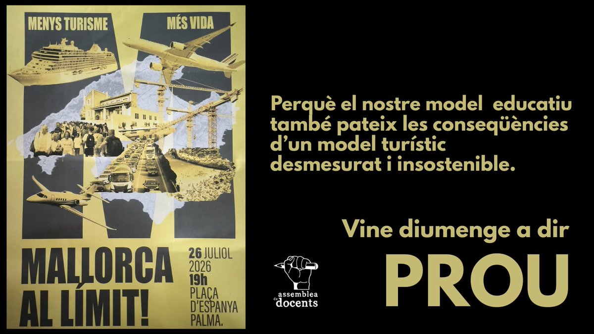 Assembleadocent's tweet photo. 📢 L'escola, un dels grans pilars socials, també ha d'unir la seva veu per una Mallorca més justa i més sostenible.

26/07 19h

#mallorcaallimit
#salvemmallorca https://t.co/xfFi1tll0m