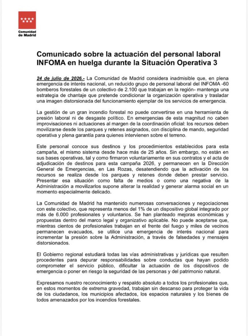 herqles_es's tweet photo. 🇪🇸 | La Comunidad de Madrid estudiará todas las vías administrativas y jurídicas contra un grupo de 62 bomberos forestales que decidió hacer huelga durante el peor incendio de la historia en Madrid. https://t.co/7ku68tXmcB