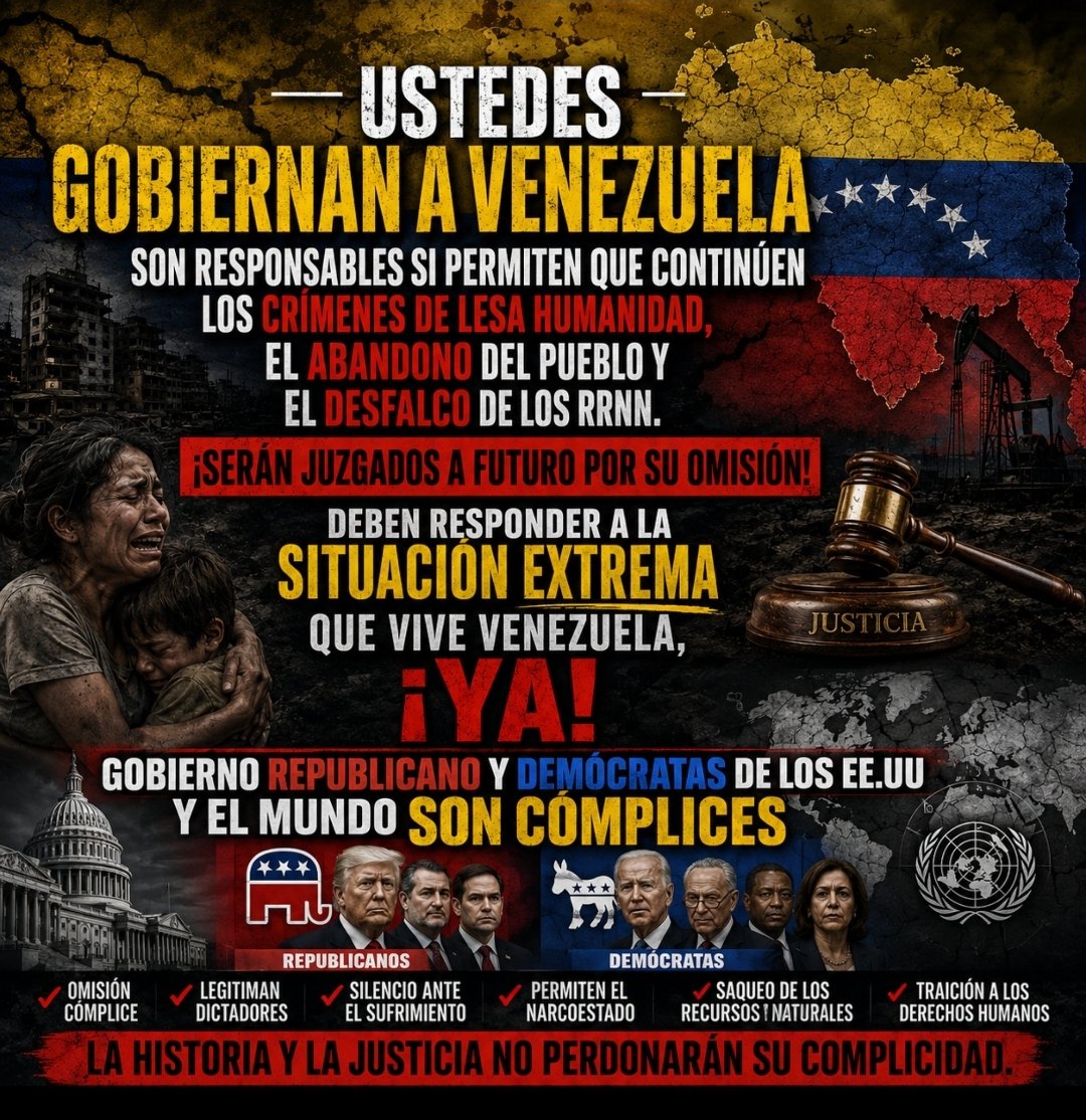 MarconiMar17142's tweet photo. @abogadosvenezu1 Ustedes @SecRubio @SecretaryWright  GOBIERNAN A VENEZUELA son responsables si permiten que continúen los crímenes de lesa humanidad abandono del pueblo y desfalco de los RRNN. ¡Serán juzgados a futuro por su omisión, deben responder a la situación extrema que vive Venezuela,YA! https://t.co/agX2yQgkTG