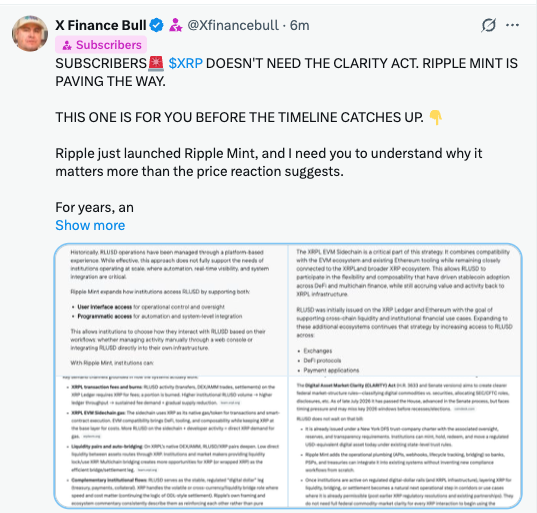 Xfinancebull's tweet photo. HEAR ME OUT 🚨🚨🚨 $XRP doesn't need the CLARITY ACT.

I broke it down for my subscribers today and connected the dots with Ripple Mint.

The manipulation doesn't shake us. We've read this setup before.

Are you in my subscriber group yet? 👇