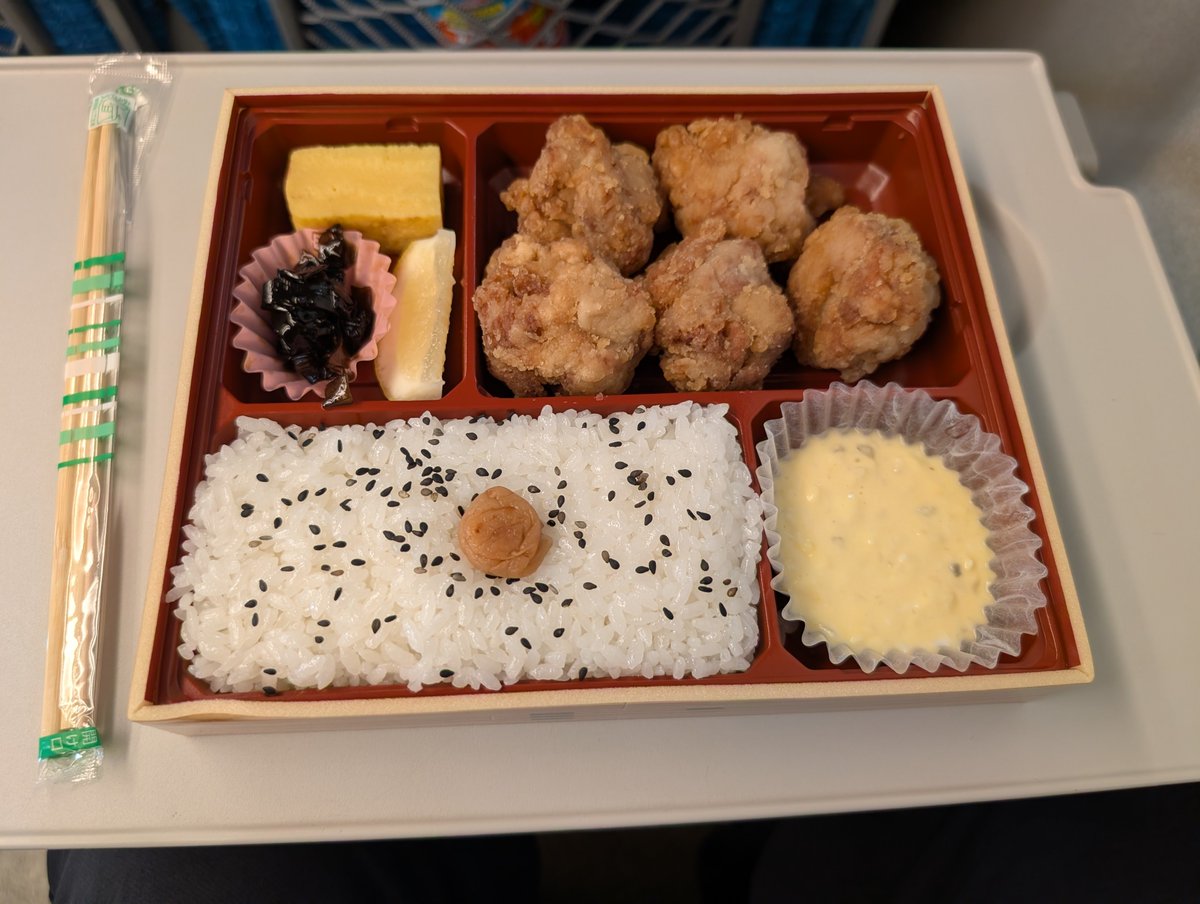8246koji's tweet photo. SUPの後は総武線で東京に戻り、東海道新幹線で大阪に帰ります。駅弁は唐揚げ弁当🍱。いい旅になりました。 https://t.co/70t6rD7plt