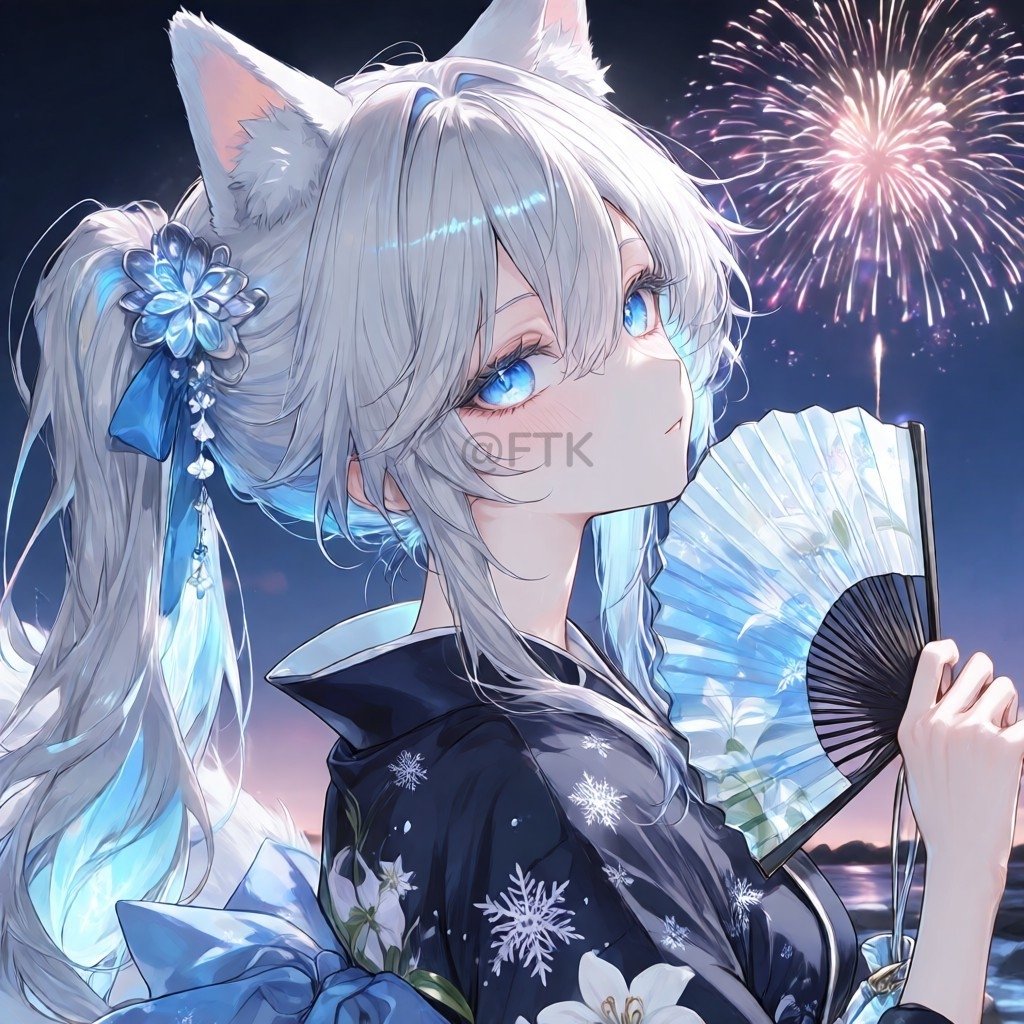 FutonToKotathu's tweet photo. ※リプ制限中なので、リプのお返事できませんのでご注意※

いまフェイランの新しい画像作ってるので、フェイランの夏祭り＆花火イラストも作ったよ🐺🤍花火楽しみ～🎇 https://t.co/PkZicij1w5
