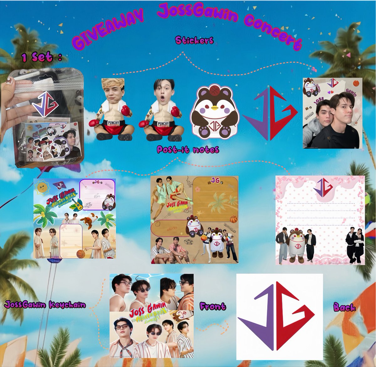 Popeye558114541's tweet photo. 🎁🎀GIVEAWAY 🎁🎀
JossGawin Heat & Beat Concert🐚🌊
1 Set : Sticker die cut + Post-it notes + JossGawin Keychains /60 Ea.
2 Set : JossGawin Guinzly Hand fans /50 Ea.
P’Tha Hand fans /30 Ea.
Date: 28 july 2026  At Union Hall, Union Mall 
JGn,I hope you guys can come grab my giveaway! I’m so excited, see y'all at the concert!🥰🫶🏻
มารับกันนะค่าบบบบ🐻🐧❤️ #JossGawinConcert