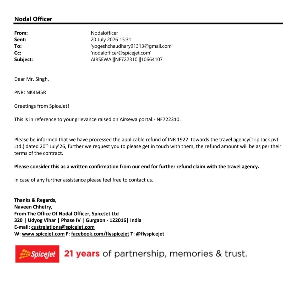 Yogesh_91313's tweet photo. Fraud by @paytmCheckin! SpiceJet refunded INR 1922 to Paytm partner on 20 July (AirSewa WK823093). But Paytm agent Abhishek closed ticket showing ₹0 refund! Govt NCH Grievance Filed: 9798647. Return my money! @PaytmCare @Paytm ID: 27165979595 #ConsumerCourt
#cjp #cjpprotest https://t.co/e2e0lKMb6L