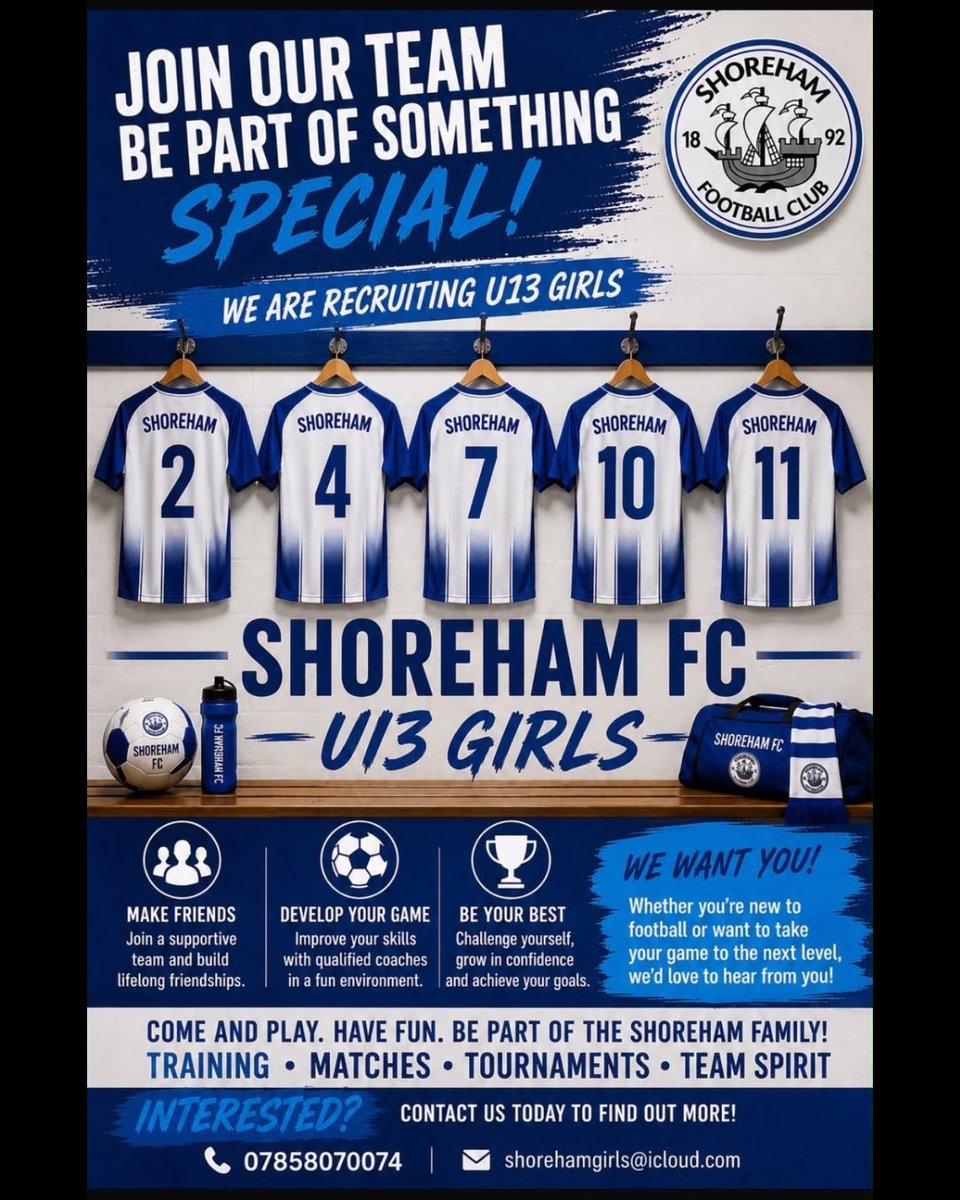 ShorehamFC's tweet photo. U13 GIRLS

Come and join Shoreham FC! 

We’re looking for new players to join our U13s Girls side 💙

Interested? Get in touch! ⚽️ https://t.co/y0BcUXJubU