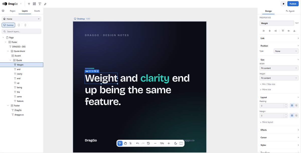 naseemsanwal's tweet photo. Every feature we add has to earn its place
The editor, it should also become clearer. If it gets more powerful, it should also become easier to use.
That's the standard we're chasing with DragGo.
Building Framer for WordPress.
#BuildInPublic #DragGo #WordPress #WebDesign #UI #UX https://t.co/Ff9DKPwnLt