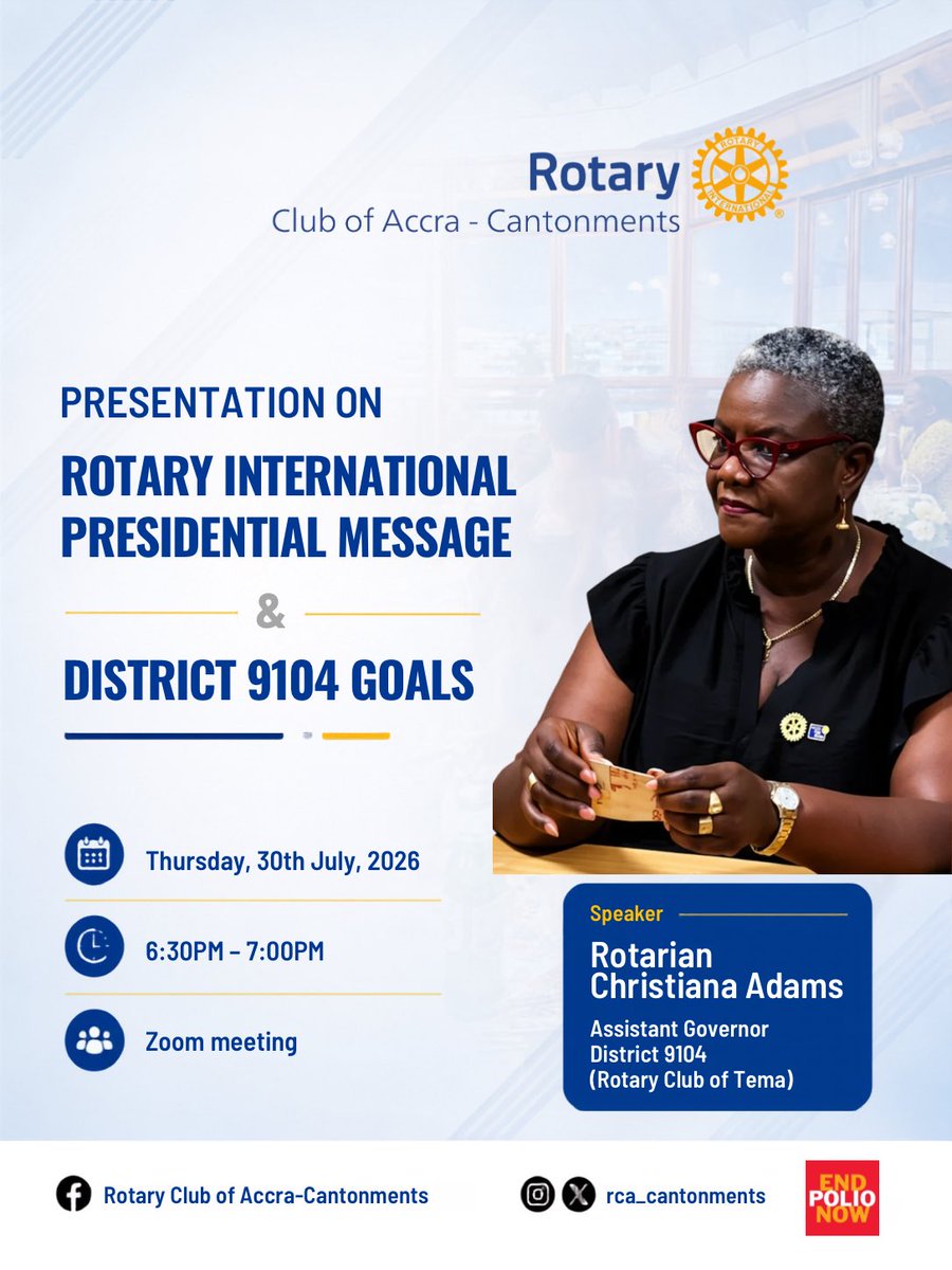 RCA_Cantonments's tweet photo. Join us as we explore the Rotary International Presidential Message and District 9104 Goals, and discover how we can strengthen our impact through service and fellowship.

We look forward to learning together.

#rotary #rotarydistrict9104 #trending #rotaryclubofaccracantonments https://t.co/hqFxBdTF3p