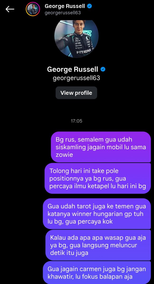 phuholic's tweet photo. Fokus balapan aja ya rus hari ini, gua beking lu kok sama zowie, jangan lupa cdm ya @GeorgeRussell63 https://t.co/8KB1cwlmKC