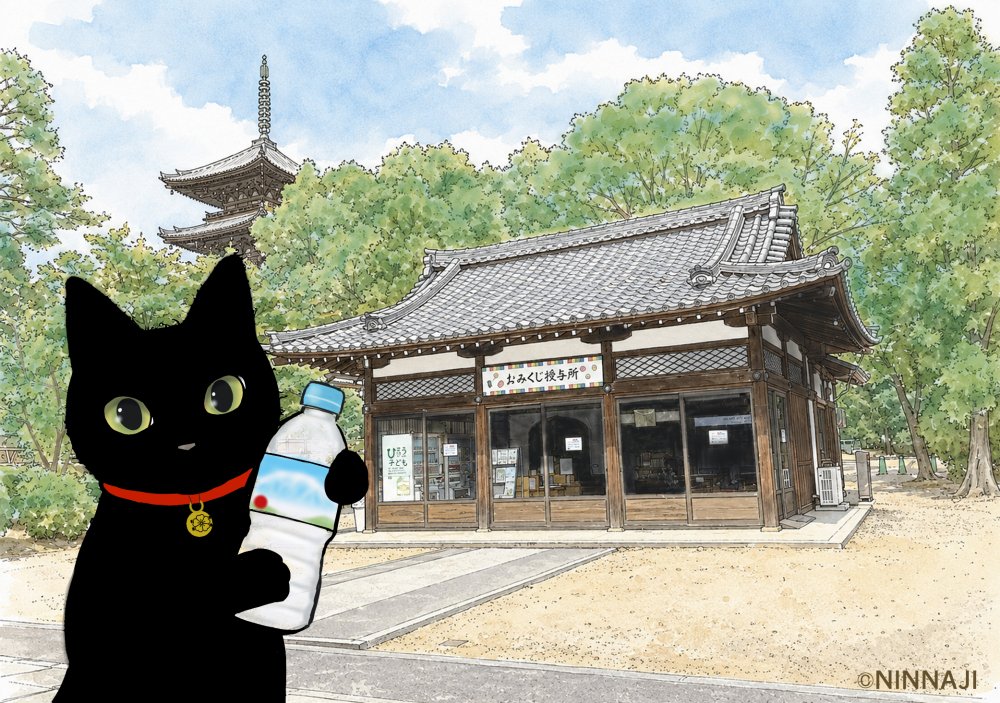 ninnajikurowaka's tweet photo. 酷暑の中参拝にいらしてくださるみなさま、ありがとうございますなのだ🐾

少しでも暑さを回避できる場所を紹介するのだ🎐
中門入ってすぐ右手の休憩所にも、エアコンが設置されたのだ♪

座れる場所や自動販売機・おみくじもあるし、仁和寺の紹介VTRも流れているよ📽️
#仁和寺 #黒猫御朱印 https://t.co/WH3dWGtsc2