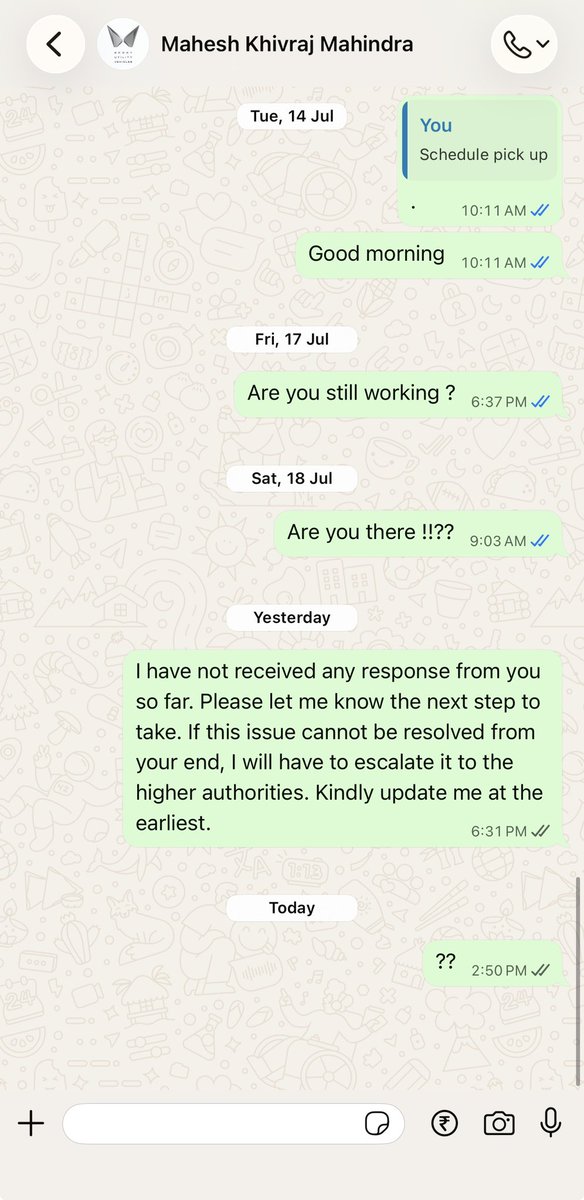 harish2003hb's tweet photo. Extremely disappointed with the service from KHIVRAJKAMAL Mahindra, Chennai. Despite repeated follow-ups with the dealer and escalation to senior officials, there has been no response or resolution. This level of customer service is unacceptable @18002096006 @Khivrajkam47674 https://t.co/jAOim85spP