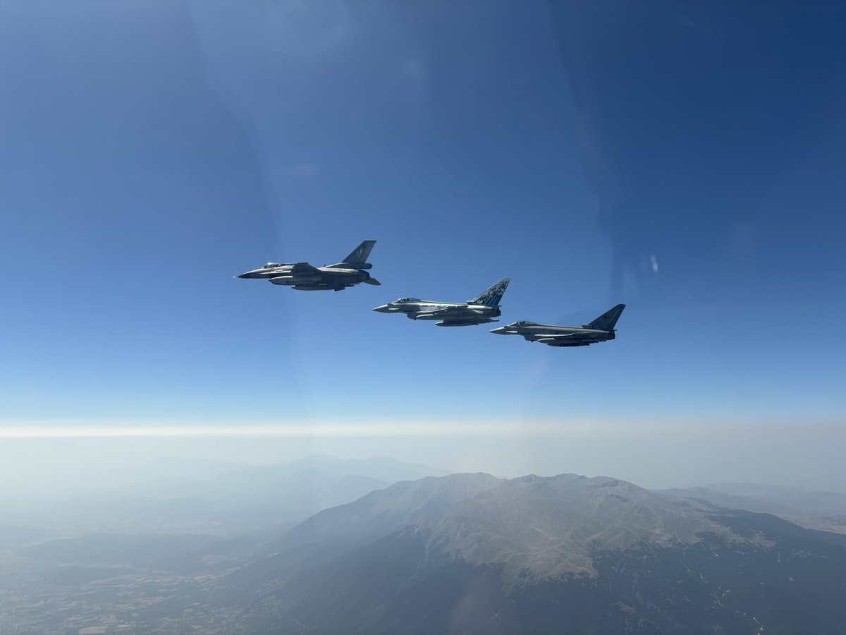 NATO_AIRCOM's tweet photo. Italian 🇮🇹 Eurofighters and Greek 🇬🇷 F-16s integrated for joint training over North Macedonia during enhanced Vigilance Activity Neptune Strike. 

Led by Naval Striking and Support Forces NATO (STRIKFORNATO), NEST aims to strengthen NATOs multi-domain integration and reinforce collective defence.