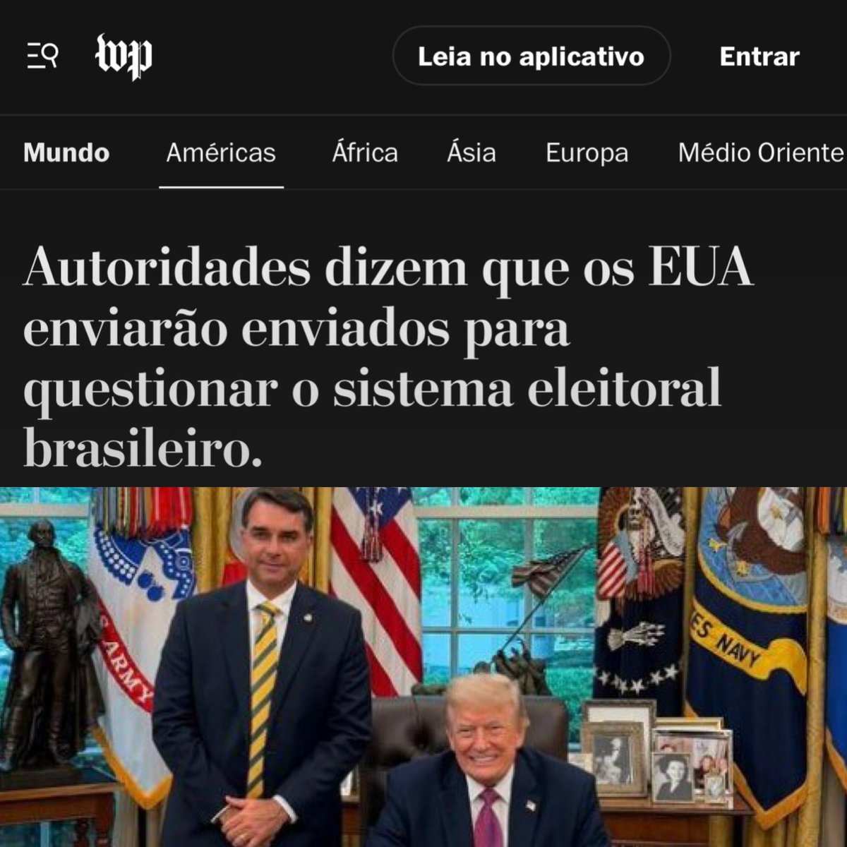 lazarorosa25's tweet photo. 🚨 URGENTE! O The Washington Post afirmou que os EUA, que ainda votam em papel e frequentemente enfrentam problemas em suas eleições, enviarão dois funcionários para atacar o sistema eleitoral brasileiro e lançar dúvidas sobre as nossas eleições.

Trump e Tariflávio Bolsomaster vão fazer de tudo para dar um golpe.