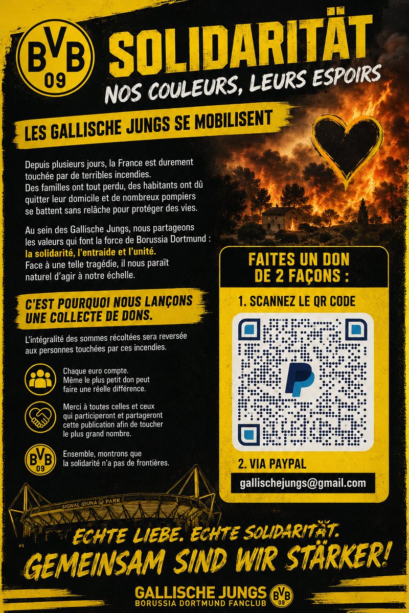 GallischeJungs's tweet photo. 🚨LES GALLISCHE JUNGS SE MOBILISENT🖤💛

Depuis plusieurs jours, la France est durement touchée par de terribles incendies. Des familles ont tout perdu, des habitants ont dû quitter leur domicile et de nombreux pompiers se battent sans relâche pour protéger des vies
@BVB https://t.co/ZtyAc4P2rK