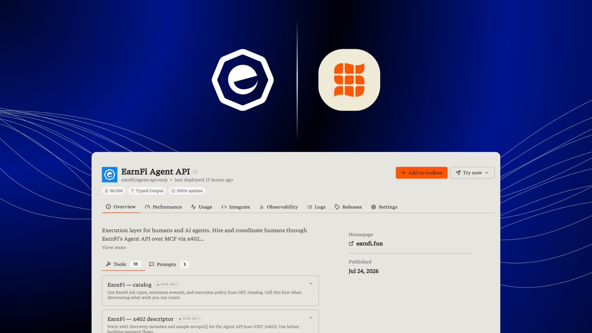 EarnFidotfun's tweet photo. EarnFi is now live on @SmitheryDotAI, one of the largest open registries for discovering and connecting MCP servers to AI agents.

This is a key step in making our execution layer easier for agents and developers to discover, connect to, and build with.

Through EarnFi’s MCP server, builders can plug into infrastructure for agent led workflows, human coordination, and real world execution.

Agents need more than intelligence.

They need access to tools that help them get real work done.

That’s what we’re opening up with EarnFi.