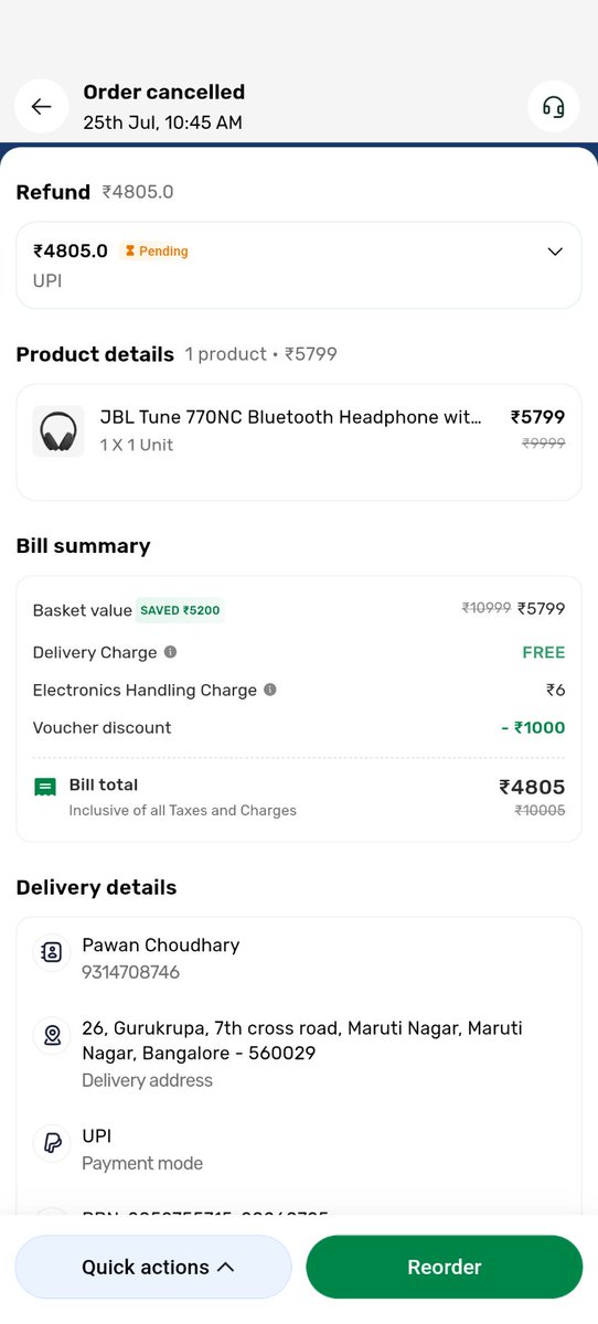 Pawan__10's tweet photo. Hey @bigbasket_com, cancelling a prepaid headphone order right when it was about to dispatch for delivery is completely unacceptable. To make it worse, your support claims it's "out of stock," but it's fully available on other accounts. Care to explain?! https://t.co/Y28XHUmtp3