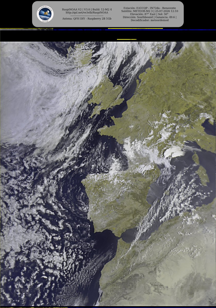monforra's tweet photo. Ground Station: EA1CQP - IN72da - Benavente METEOR-M2 3 25-07-2026 11:54 CEST Max Elev: 87° E Sun Elevation: 50° Gain: 49.6 | Southbound
#NOAA #MeteorM2_3 #MeteorM2_4 #weather #weathersats #APT #LRPT #wxtoimg #MeteorDemod #rtlsdr #gpredict #raspberrypi https://t.co/dD8PdYUZZu