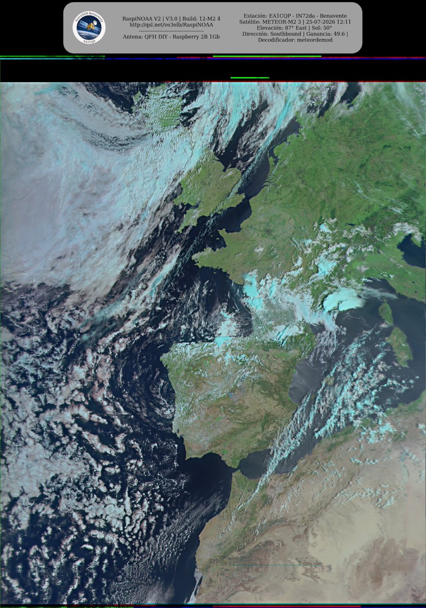 monforra's tweet photo. Ground Station: EA1CQP - IN72da - Benavente METEOR-M2 3 25-07-2026 11:54 CEST Max Elev: 87° E Sun Elevation: 50° Gain: 49.6 | Southbound
#NOAA #MeteorM2_3 #MeteorM2_4 #weather #weathersats #APT #LRPT #wxtoimg #MeteorDemod #rtlsdr #gpredict #raspberrypi https://t.co/dD8PdYUZZu