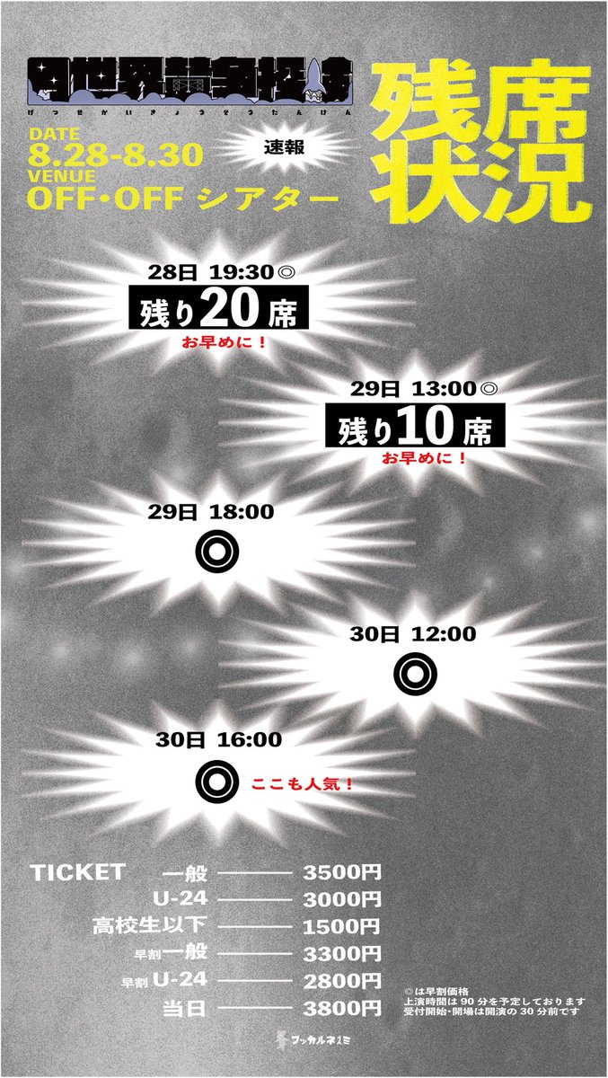 fukkaru_nezumi's tweet photo. ▶▶▶残席状況◀︎◀︎◀︎
28日残り【20席】
29日マチネ残り【10席】
となります。
観劇予定の方はお早めに！
※29日ソワレは撮影がはいります。

ご予約は下記URLから！
https://t.co/VPbC7Q4Oi1 https://t.co/zKojtAsyMy