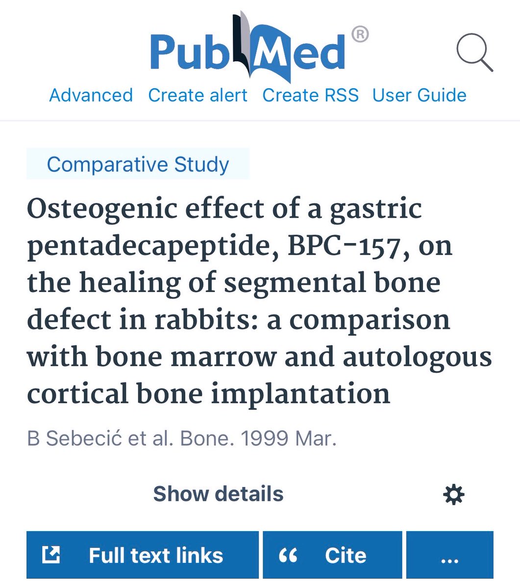 HealthyAlfred's tweet photo. BPC-157 grew back bone that was SAWED OUT of a rabbit’s leg.

15 amino acids. your stomach already makes it.

weak joints? fractures that won’t heal? that old injury that still aches?

that’s NOT aging. that’s your body failing to rebuild.

scientists removed 0.8cm of bone. gone. controls never healed.

BPC-157 grew it back. MATCHED surgical bone grafts. (PMID: 10071911)

let that hit you.

and it also:

→ REGREW a severed nerve
→ RESTARTED a flatlined heart 
→ SEALED poop leaking between organs 

your surgeon harvests bone from your HIP to fill your LEG. two surgeries. $20,000+.

BPC-157 matched that. with nanograms.

nobody told you. now someone did.

🧵 the nerve study is even crazier. comments ↓