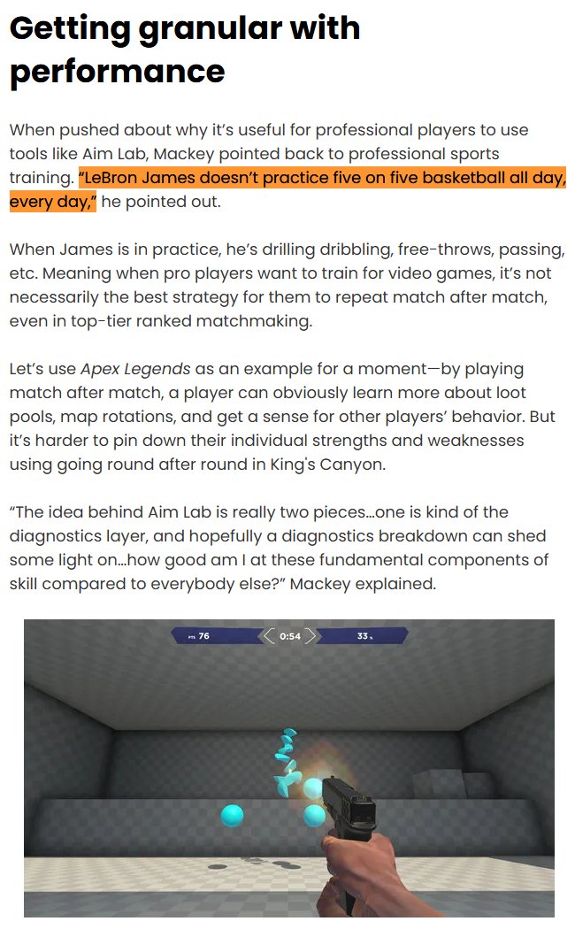 sqbon's tweet photo. YAPPING 🤓

The person who used this sports-practice analogy is Aim Lab's co-founder Wayne Mackey, and the analogy is wrong, the 3 point practice is being done using the same ball, shooting the same hoop, in the same court, this is more equivalent to a firing range in the game you play.

The gym analogy aim trainers mains like to use is closer, but this is how I personally see this gym:
A gym with no floor plan, 100,000 machines (scenarios), a 1,000 trainers (coaches) shouting contradicting advice, and the single most popular machine (scenario) is the one most coaches call utterly useless (gridshot, tile frenzy)

I'm NOT saying aim trainers don't work, I believe they do. It’s just that the hardest part by far is to try to find the 1 correct path out of the 1,000 wrong ones.

And the most common response to "Aim training didn't work for me" is something along the lines of "The tool works, and the failures misused it." What result could ever disprove that?

If you improve > the aim trainer worked.
If you don't > you did it wrong. Wrong scenario, wrong difficulty, missing foundations, bad mentality, too much time, too little.

XDDD???

Aim trainers have evolved a lot since 2018, you guys now have your own category on Twitch, tournaments, Esports scene, ranks, and much much more.

There needs to be a clear separation between Radiant Robert and Celestial Christopher, the guy trying to improve in video games and the guy trying to get celestial. Because as of now there isn’t, both of these players are given the same advice, same resources, same guides, same YouTube content, where in reality they need a different path due to having different goals.

Just an example, see attachment below
Who do I as a new player listen to? ProGuides (owned by StateSpace who owns Aim Labs) or Viscose (Voltaic Member, Voltaic is partnered with Aim Labs)

In comparison to lg duels or any other 1v1 duel improvement training method, people seem to be getting better results, and my theory is because the path to improvement is clearer, you don’t need to watch hours upon hours of videos warning you about misuse of the tool.

Both communities are suffering from a knowledge problem, while LG has too little, aim trainers have too much.

And I cannot scientifically prove or promise that LG or ow1v1s will 100% improve you, it’s based on my personal experience and others that I know. At the end of the day it’s survivorship bias, you don’t hear about the failures, only the people who succeed.

There is going to be a long-form video about this exact topic, the full history and how these misconceptions actually formed, more than a single post can explain.
