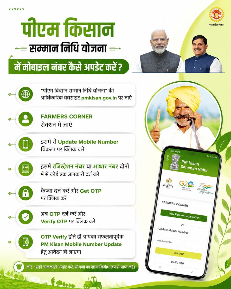 minmpkrishi's tweet photo. पीएम किसान सम्मान निधि योजना
मोबाइल नंबर अपडेट करें
--
💠PM-KISAN की आधिकारिक वेबसाइट पर जा���ं
💠Farmers Corner में Update Mobile Number विकल्प चुनें
💠रजिस्ट्��ेशन नंबर या आधार नंबर दर्ज करें
💠Get OTP पर क्लिक कर OTP प्राप्त करें
💠OTP दर्ज कर Verify OTP करें

@pmkisanofficial https://t.co/cYGvxt5U1W