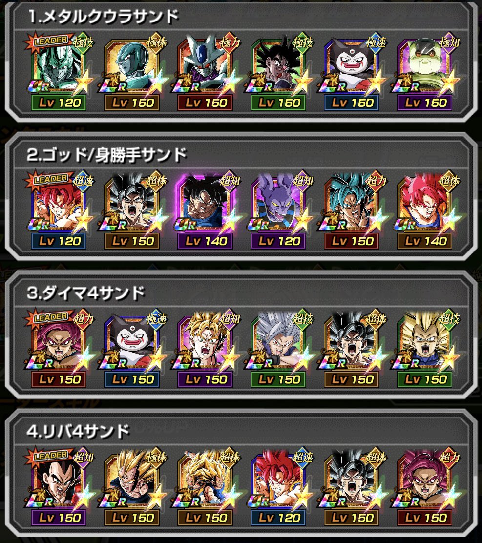 Atamadokkann's tweet photo. 個人的ドッカンバトル最強パーティーランキング今これ
採点項目は1枚目の通りだけど、これ以外にも

・ある程度中身が差別化出来なければ除外(ミニ4サンドとか)
・1番強いと思った組み合わせ6体固定の想定
・ノーアイテム前提

というルールがある
各採点項目毎に7点満点の合計点数順
以下は各編成毎の詳細な点数↓

1位：メタルサンド
・短期戦 ★★★★★★★ 7
・中期戦 ★★★★★★★ 7
・超高難易度 ★★★★★★★7
・安定、再現性 ★★★★★★★ 7
・ギミック耐性 ★★★★★★★ 7
・使いやすさ★★★★★★6
・爆発力★★★★★★6
・アイテム適正 ★★★★★★ (6)
合計：★47

2位：神次元
・短期戦 ★★★★★★★7
・中期戦 ★★★★★★6
・超高難易度 ★★★★★★★7
・安定、再現性 ★★★★★★6
・ギミック耐性 ★★★★★★6
・使いやすさ★★★★★★★7
・爆発力★★★★★★6
・アイテム適正 ★★★★★(5)
合計：★45

3位：DAIMA4
・短期戦 ★★★★★★★7
・中期戦 ★★★★★★★7
・超高難易度 ★★★★★★6
・安定、再現性 ★★★★★5
・ギミック耐性 ★★★★★★6
・使いやすさ★★★★★5
・爆発力★★★★★★★7
・アイテム適正 ★★★★★★★(7)
合計：★43

4位：リバ4
・短期戦 ★★★★★★6
・中期戦 ★★★★★★★7
・超高難易度 ★★★★★★★7
・安定、再現性 ★★★★★★6
・ギミック耐性 ★★★★★5
・使いやすさ★★★★★★6
・爆発力★★★★★5
・アイテム適正 ★★★★★★(6)
合計：★42

5位：ビースト
・短期戦 ★★★★★★★7
・中期戦 ★★★★★★6
・超高難易度 ★★★★★5
・安定、再現性 ★★★★★5
・ギミック耐性 ★★★★★★6
・使いやすさ★★★★★5
・爆発力★★★★★★★7
・アイテム適正 ★★★★★★★(7)
★41

6位：セルマックス
・短期戦 ★★★★★★6
・中期戦 ★★★★★★★7
・超高難易度 ★★★★★★6
・安定、再現性 ★★★★4
・ギミック耐性 ★★★★★★6
・使いやすさ★★★3
・爆発力★★★★★★★7
・アイテム適正 ★★★★★★★(7)
★39

7位：魔天使
・短期戦★★★★★★6
・中期戦★★★★★★6
・超高難易度★★★★★★6
・安定、再現性★★★★4
・ギミック耐性★★★★★5
・使いやすさ★★★★★5
・爆発力★★★★★★6
・アイテム適正★★★★★★(6)
★38