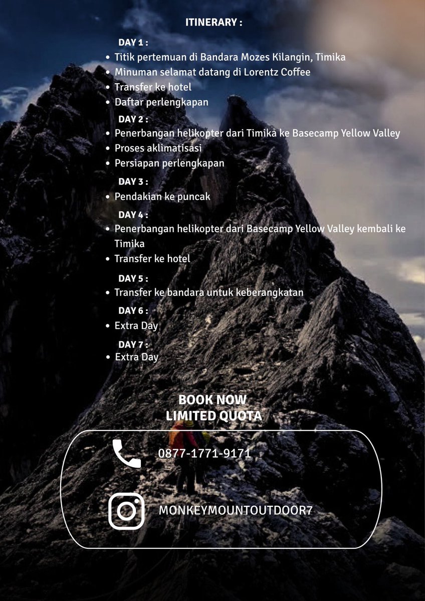 Imrone2's tweet photo. CARSTENZ EXPEDITION 2027 🔥🔥 🔥
Feel the experience adrenaline n make your memories here
One of seven summit in the world 

Schedule next years :
- March, 2027
- October, 2027

More detail 087717719171
#CarstenzPyramid #sevensummit #monkeymountoutdoor https://t.co/irygrM4aJ1