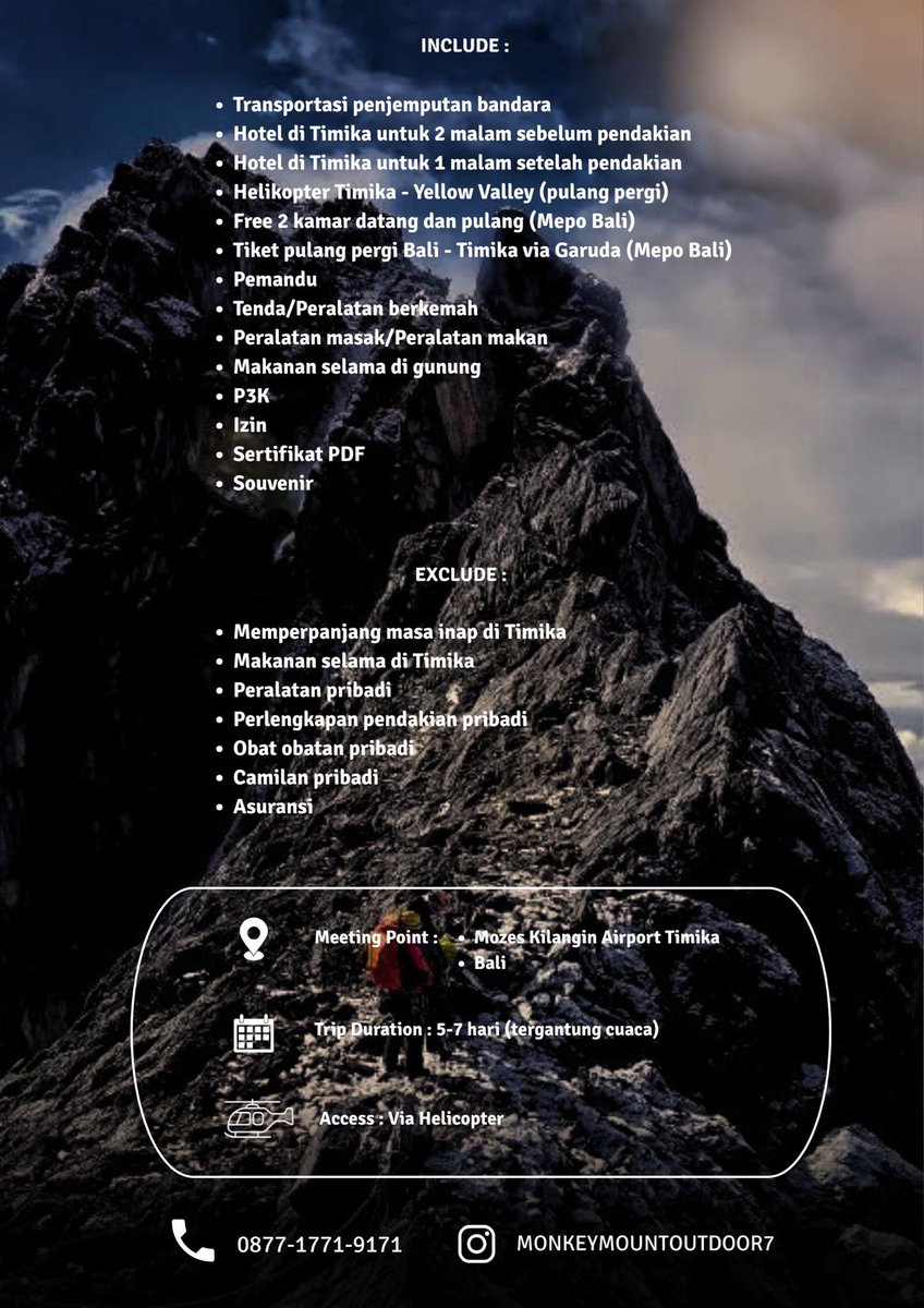 Imrone2's tweet photo. CARSTENZ EXPEDITION 2027 🔥🔥 🔥
Feel the experience adrenaline n make your memories here
One of seven summit in the world 

Schedule next years :
- March, 2027
- October, 2027

More detail 087717719171
#CarstenzPyramid #sevensummit #monkeymountoutdoor https://t.co/irygrM4aJ1