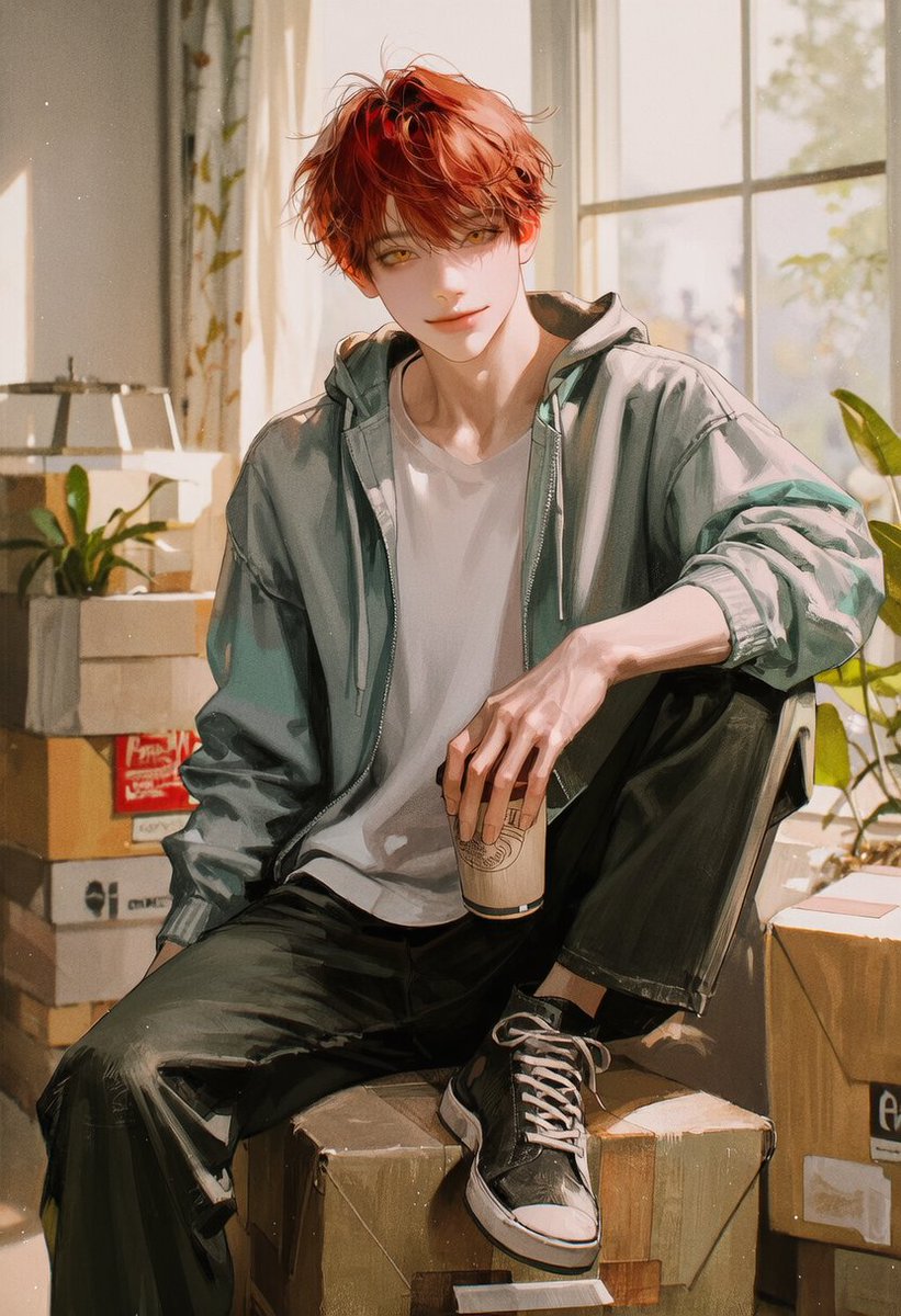 Jin_OAOa's tweet photo. 이사 했습니다. Prompt

[캐릭터 프롬]

modern casual fashion, oversized hoodie, loose white t-shirt, relaxed cargo pants, sneakers, sitting on a moving box, one knee raised, one arm resting on the knee, holding a paper coffee cup, looking at viewer, relaxed smile, half-unpacked apartment, stacked moving boxes, houseplants, floor lamp, large window, golden afternoon sunlight, cozy new home, lifestyle editorial