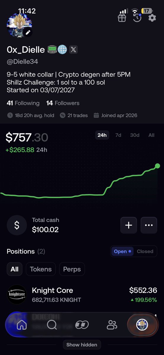 Dielle34's tweet photo. Previous post aged faster than expected.

solana:AzeNfRi7DX5HndH7dUgCxMD5sQPV7FPFH1cwDkoqpump is running up in full armor. ⚔️

Every reward I earned through @Shillz_Official stacked in my fomo wallet.

As the chart moved, so did the challenge.

Fomo portfolio: $755.64 🤩

Started with 1 SOL (~$89).

Roughly 2–3 weeks later: $755.64. 

That’s exactly why I chose to bagwork instead of chasing charts.

100 SOL remains the mission.

@knightcore___ ⚔️
