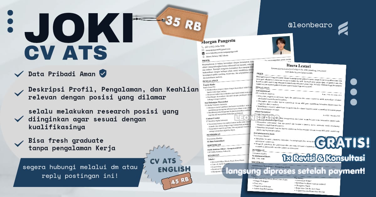 resumecvats's tweet photo. OPEN JASA JOKI CV ATS [35rb]

berpengalaman membuat cv ats! dan cv dibuat relevan dengan posisi yg dilamar. selalu research posisi agar sesuai kualifikasi! tanpa pengalaman kerja aku bantuin, dan boleh konsultasi!
file pdf + foto, gratis revisi sekali!

#zonauang #jokicv #cvats https://t.co/5x8ASLsB6f