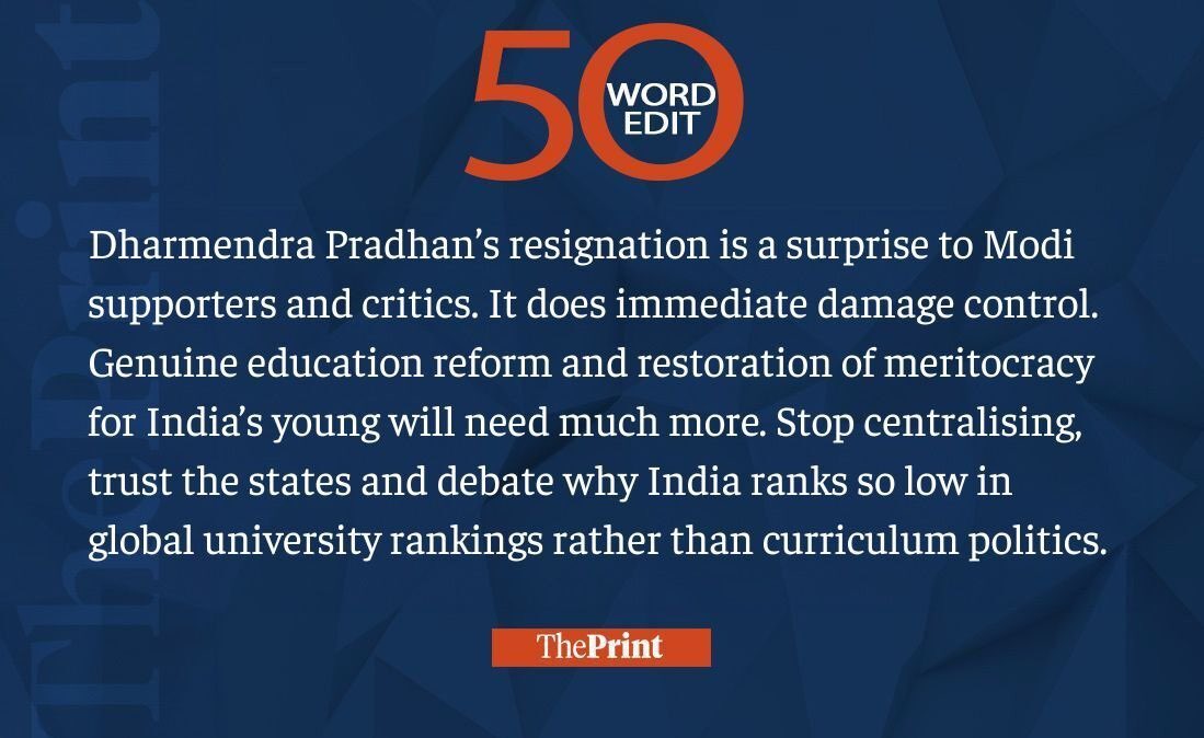 ShekharGupta's tweet photo. Our #50WordEdit on Dharmendra Pradhan’s resignation https://t.co/aCIk7CchrH