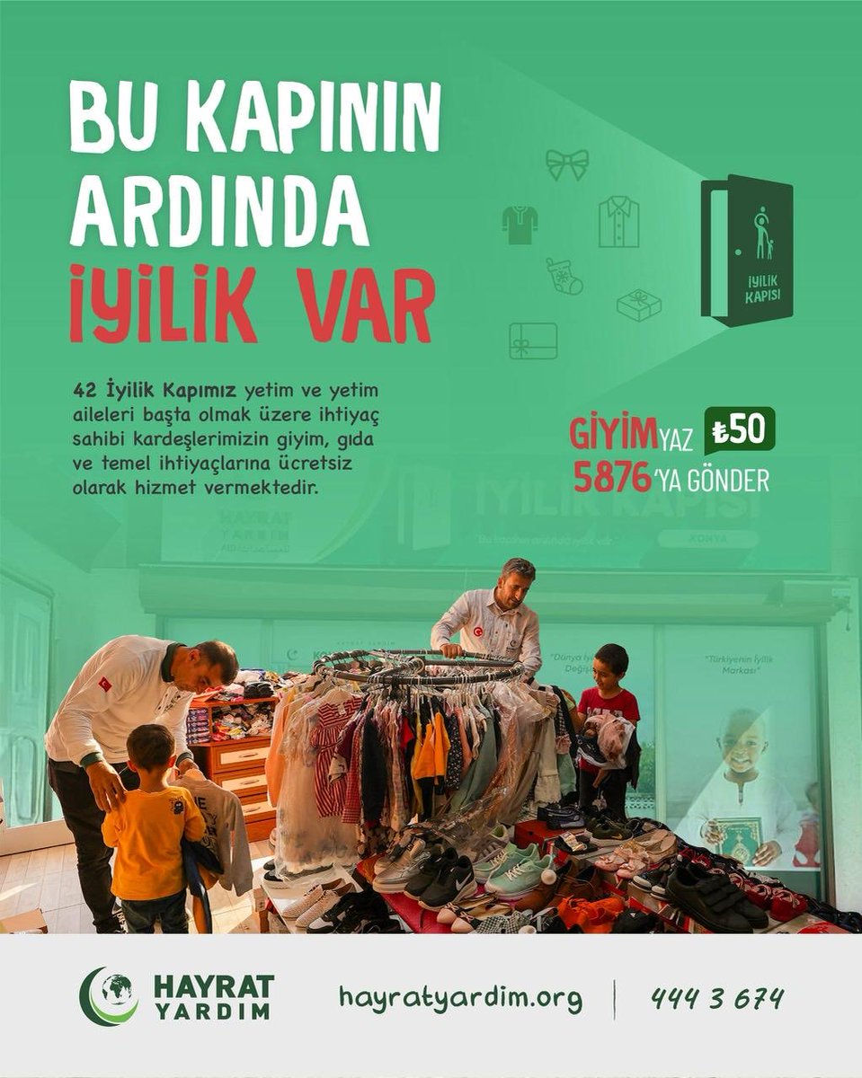 hayratyardim's tweet photo. Türkiye'nin dört bir noktasında ve Suriye'nin farklı bölgelerinde yetimlerimize ve ihtiyaç sahibi ailelerimize kırtasiye, kıyafet, gıda ve temizlik malzemelerini İyilik Kapılarımızla ulaştırıyoruz.

Bu iyiliğe siz de bir kapı açın 🕊
💌 GİYİM > 5876 > ₺50
🌐 https://t.co/9hhT3MkgCu