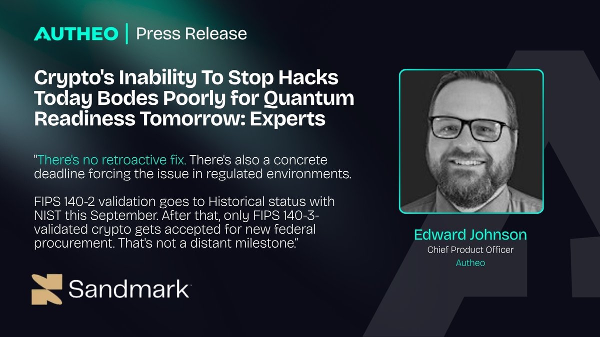 Autheo_Network's tweet photo. "There's no retroactive fix."

Our CPO, Edward Johnson, explains why developers need to adopt post-quantum cryptography today and build systems that can evolve as security standards advance.

Proud to see Autheo featured by @sandmark_news, discussing what comes next for blockchain security.

Read more 👇