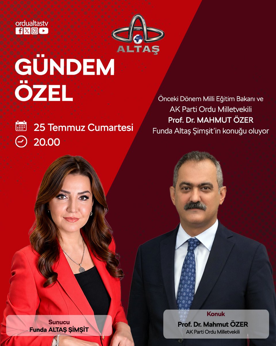 ordualtastv's tweet photo. ▪ Önceki Dönem Milli Eğitim Bakanı ve AK Parti Ordu Milletvekili Prof. Dr. Mahmut Özer, Gündem Özel Programının Konuğu Oluyor

📆 25 Temmuz Cumartesi
⏱ 20.00
📺 ALTAŞ TV https://t.co/Ntkwz9OGxA