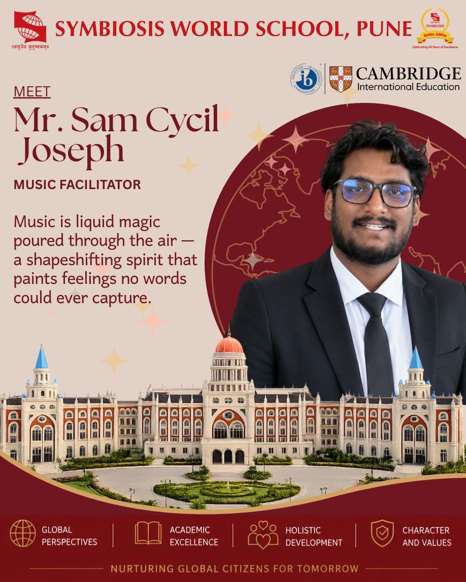 SWSPune's tweet photo. Meet Mr. Sam Cycil Joseph, our Music Facilitator, who helps students discover confidence, creativity, and self-expression through music.

Visit our campus and meet him in person. Book your campus visit today: https://t.co/HglUpv7pWy

#Admissionsopen for Grades 3–12.

#SWSPune https://t.co/JF60cnUmjo