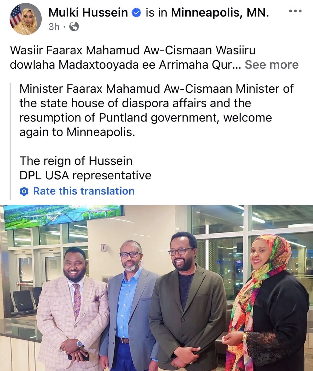 ResoluteTitan88's tweet photo. Mulki Hussien is perhaps the most obvious case of an unregistered foreign agent operating in Minnesota. Her posts usually say she’s the Puntland representative in the U.S. 
She is hosting a Somalian government minister right now in Minneapolis!  

The DOJ continues to fail the American people. 

Minnesota residents should great this foreign official if they see him. 

#minnesota #somali