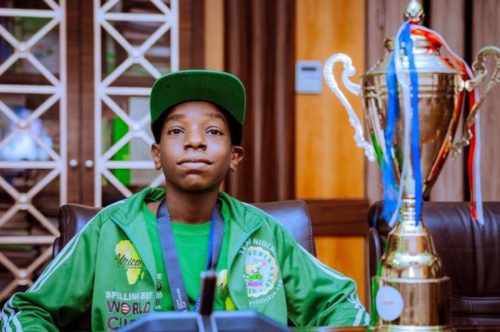 thecableng's tweet photo. PHOTOS: Oborevwori hosts 2026 Spelling Bee gold winner, announces N20m gift

Sheriff Oborevwori, governor of Delta, has hosted Chinedu Okediachi, a Delta indigene and one of the winners of the 2026 Spelling Bee World Cup in China.

Last week, Okediachi, a student at Madonna International College Asaba, participated in the global event in Shanghai alongside his teammates Adeolu Oluwadamilola Oreofe, Abdurrahman Yusuf, and Maryam Yusuf.

Other African countries represented at the global event included Ethiopia, Côte d’Ivoire, Malawi, South Africa, and Zimbabwe.

https://t.co/gBAsYSaJV0