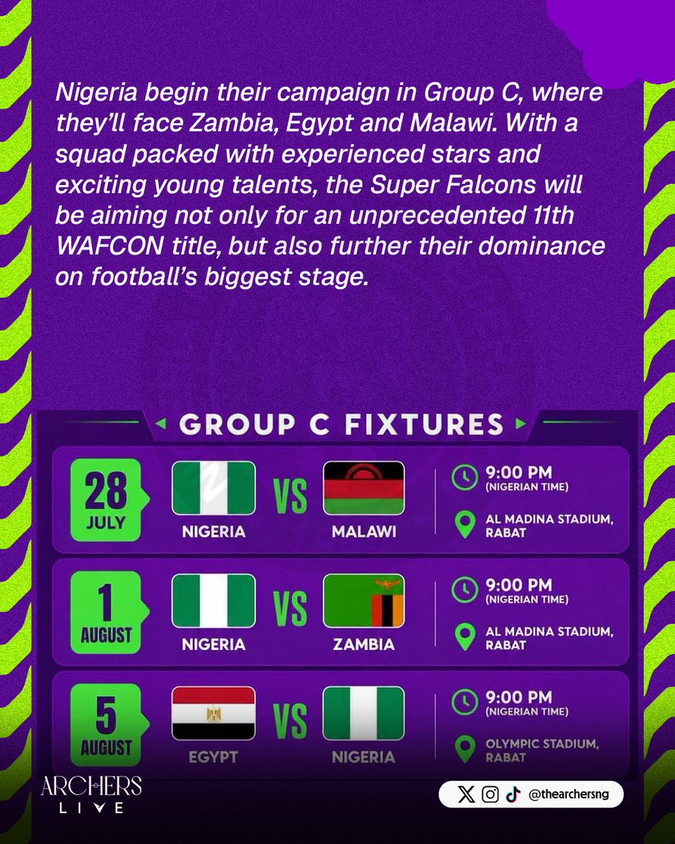 Thearchersng's tweet photo. The road to continental glory begins. 🇳🇬🦅

Ten stars on the badge. One mission ahead. 
Eyes on the trophy. Nothing less.

The Super Falcons are ready for another WAFCON journey. 💚🏆 https://t.co/RETasmSgg6