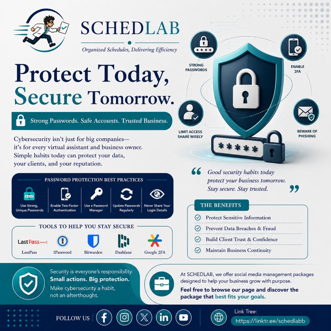 schedlabb's tweet photo. 🔐 A strong password is your first defense against cyber threats. Use unique passwords, enable multi-factor authentication, and protect your clients' data with good security habits. 🛡️💻🚀

#schedlab #schedlabva #schedlabvs #CyberSecurity #OnlineSafety https://t.co/b5PvWKAewG