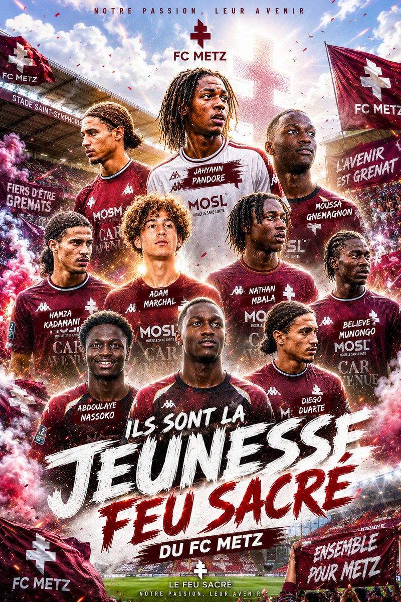 lefeusacremedia's tweet photo. 🛑 𝐋𝐄 𝐅𝐄𝐔 𝐒𝐀𝐂𝐑𝐄́ 𝐌𝐄́𝐃𝐈𝐀 🇱🇻

🚨𝙸𝙻𝚂 𝚂𝙾𝙽𝚃 𝙻𝙰 𝙹𝙴𝚄𝙽𝙴𝚂𝚂𝙴 𝙵𝙴𝚄 𝚂𝙰𝙲𝚁𝙴́ 

ℹ️📷 : #LeMedia

Ils incarnent l'avenir du FC Metz. Neuf jeunes joueurs formés ou révélés par le club ont récemment signé leur premier contrat professionnel et représentent une génération pleine de talent, d'ambition et de promesses.

🔴 Les 9 jeunes professionnels :
• Diego Duarte
• Tahirys Dos Santos
• Abdoulaye Nassako
• Believe Munongo
• Adam Marchal
• Nathan Mbala
• Nathan Gnemagnon
• Hamza Kadamani
• Jahyann Pandore

Au cours de cette saison 2026-2027, ils auront la lourde mais passionnante mission d'accompagner le FC Metz dans sa quête de remontée en Ligue 1. Encadrés par des joueurs d'expérience comme Gauthier Hein, Bouna Sarr ou encore Maxime Colin, ces jeunes Grenats auront l'occasion de poursuivre leur progression tout en apportant leur fraîcheur, leur enthousiasme et leur talent au collectif de Luc Holtz.

L'avenir du FC Metz s'écrit déjà aujourd'hui… et il pourrait bien avoir le visage de cette génération prometteuse. 🔥🇱🇻

#FCMetz #Grenats #JeunesseFeuSacré #Formation #CentreDeFormation #Ligue2 #ObjectifLigue1 #LucHoltz #GauthierHein #BounaSarr #MaximeColin #JeunesTalents #AllezMetz