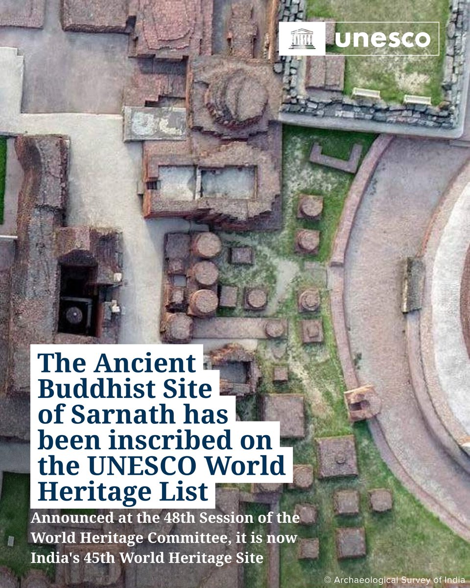unescoindia's tweet photo. 🔴 Breaking!

Just inscribed: the Ancient Buddhist Site of Sarnath is now India's 45th UNESCO World Heritage property, announced at the 48th session of the World Heritage Committee in Busan. https://t.co/30RQFXOoXd