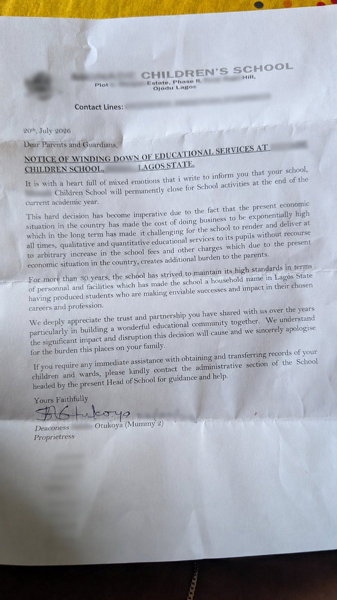 Iam_Misola's tweet photo. We opened this letter hoping to see school fees but we got this letter instead. 

This is so painful!!! A school that has been operating for over 30 years ooo! https://t.co/NfPyqr2O1Z