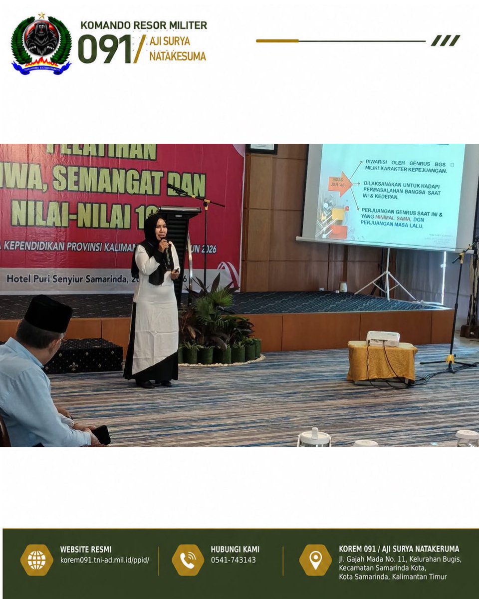 korem091asn's tweet photo. 🇲🇨Kasrem 091/ASN Kolonel Kav Rahyanto Edi Yunianto menghadiri penutupan Pelatihan Sosialisator JSN 45 di Samarinda, Sabtu (25/7/2026). Pelatihan ini bertujuan untuk memperkuat nilai kejuangan, bela negara dan Pancasila kepada generasi muda.

#Korem091ASN #TNIAD #JSN45 #BelaNegara https://t.co/HSOrnjTXso