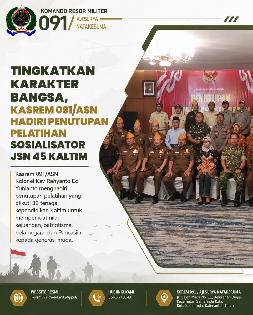 korem091asn's tweet photo. 🇲🇨Kasrem 091/ASN Kolonel Kav Rahyanto Edi Yunianto menghadiri penutupan Pelatihan Sosialisator JSN 45 di Samarinda, Sabtu (25/7/2026). Pelatihan ini bertujuan untuk memperkuat nilai kejuangan, bela negara dan Pancasila kepada generasi muda.

#Korem091ASN #TNIAD #JSN45 #BelaNegara https://t.co/HSOrnjTXso