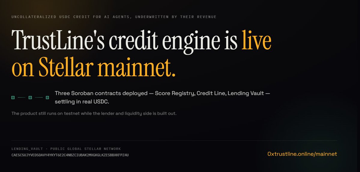 0xTrustLine's tweet photo. Real contracts. Real USDC. Real mainnet.

TrustLine's uncollateralized credit engine for AI agents is deployed on Stellar mainnet , score registry, credit line, isolated vaults, all live.

The product's still testnet while we build the lender side.

https://t.co/j2uDqPDFCl https://t.co/P0gAmkEh58