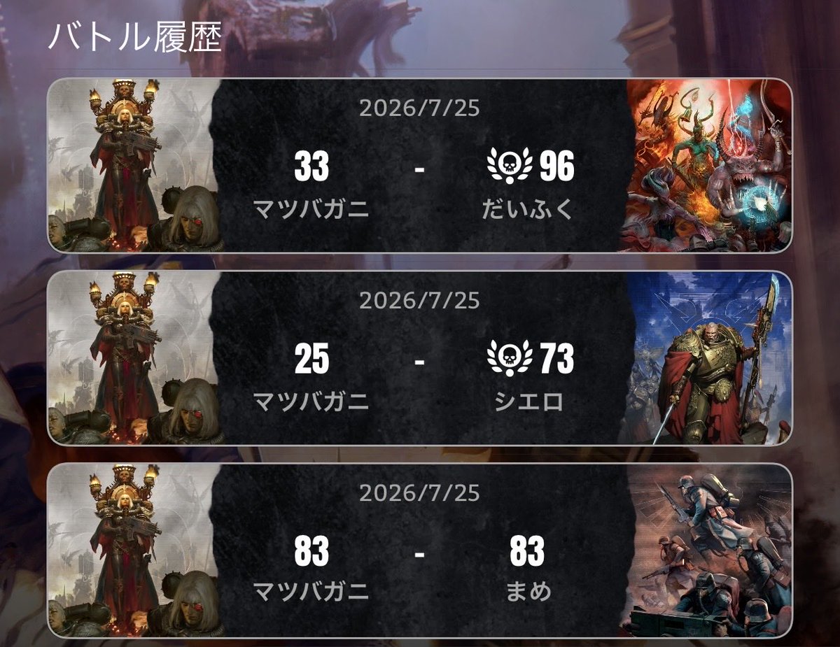 mat_matfe3's tweet photo. ①まめさん　同点引き分け
②シエロさん　負け
③だいふくさん　負け

対アリでした

#ウォーハンマートーナメント日本2026 https://t.co/O1xqPJ6lHH