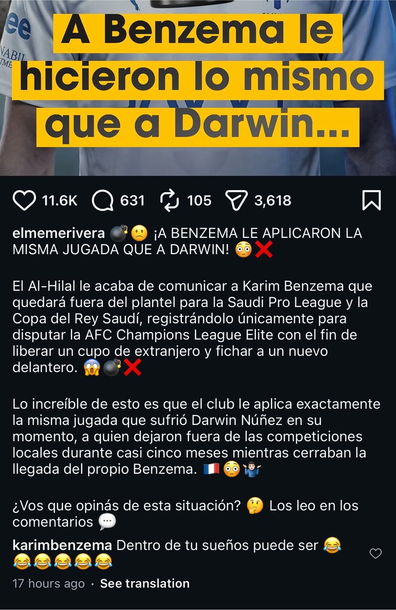 Nawaf_STATS's tweet photo. 🚨🚨🚨🚨🚨💣💣💣💣صحيفة اجنبية تنشر الخبر المتداول لـتحويل بنزيما للقائمة الاسيوية 

تم إبلاغ كريم بنزيما بأن الهلال سيستبعده من قائمة الفريق في الدوري السعودي وكأس الملك، ويشارك فقط في دوري ابطال اسيا

تعليق حساب كريم بنزيما:

“قد يحدث ذلك في الاحلام فقط"😂😂😂😂😂😂😂😂 https://t.co/fEquf8medX