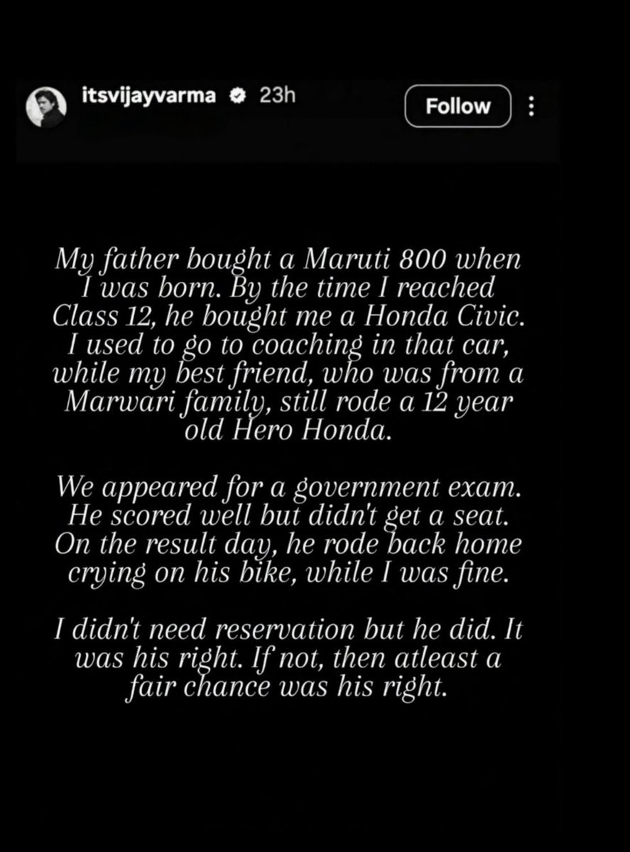 Bhaskarbezborua's tweet photo. Actor Bijay Varma quoted the right thing.

Every hardworking student deserves a fair chance, regardless of caste.
True equality comes when everyone competes on the same platform.

#EndReservation #MeritFirst #EqualOpportunity #neet #NEETExamIssue #cjp https://t.co/xmjG7LBfXz