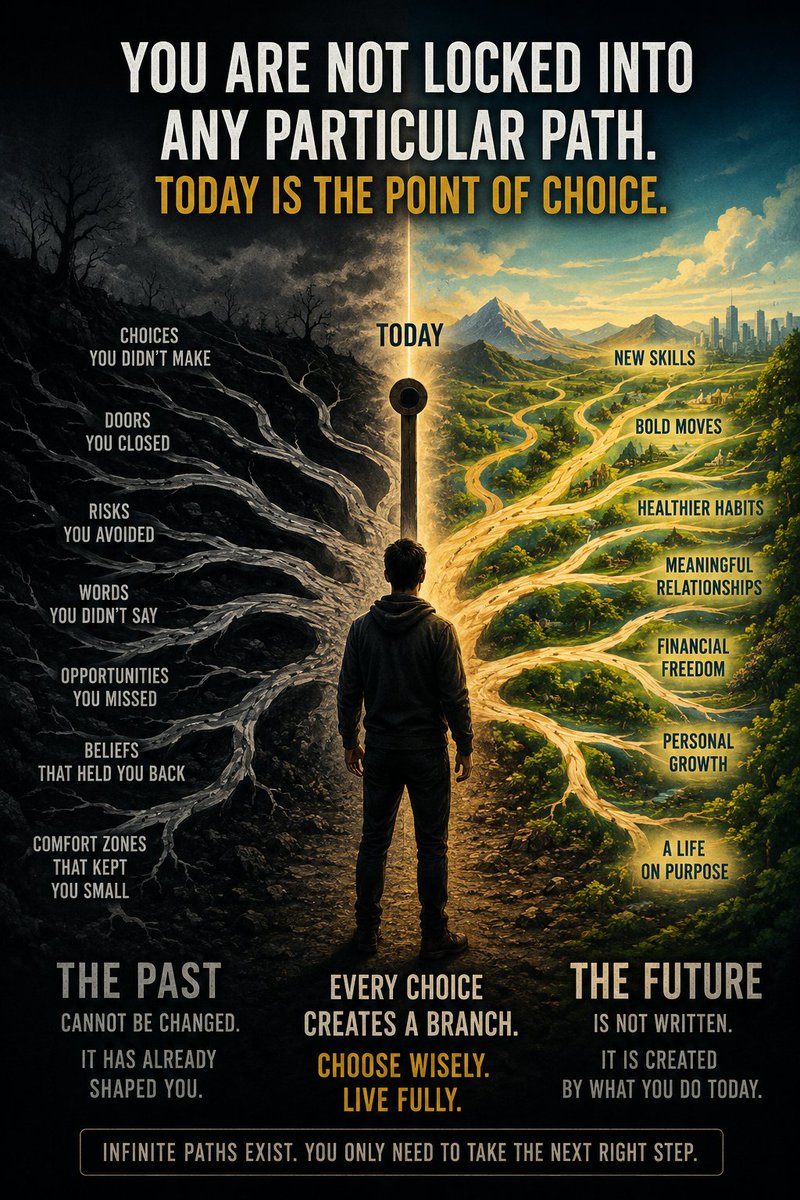 paplianos's tweet photo. The Illusion of Destiny

Most people think their life is a straight line.

You are born, you grow, you make a few important decisions, and eventually you become the person you were always meant to be. It feels as if your past has already written your future.

But that is an illusion.

The image captures a deeper truth: the past is fixed but the future is not.

Every decision you've ever made has closed thousands of possible paths. Every "yes" silently became a thousand "no's." The person you are today is simply the result of accumulated choices not proof that your future is predetermined.

Today is the only point where reality is still fluid.

From this moment, countless futures begin to branch outward. Some lead to growth, others to regret. Some require courage, others only comfort. The remarkable part is that none of them exist yet. They are waiting for the next decision.

This is why identity should never become a prison.

People often say: "I'm just not that kind of person." "It's too late to change." "This is who I am."

But those are stories created by the past.

Your future doesn't care who you've been. It only responds to what you choose next.

A single book can change your thinking. A single conversation can change your beliefs. A single habit can change your body. A single opportunity can change your career. A single act of courage can change your life.

History influences you but it doesn't own you.

The greatest mistake is believing that because you've walked one road for years, you must continue walking it forever.

Every sunrise offers a new branch in the map.

The question isn't whether your future already exists.

The question is:

Which version of yourself will today's decision create?
